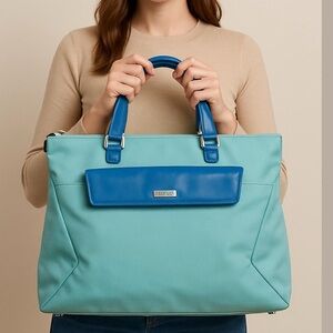TUMI cargo tote bag Blue and Aqua travel satchel lined pockets zip top nylon